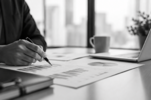 Annual Remuneration Benchmarking Analysis Professional reviewing remuneration benchmarking reports and market salary data during an annual remuneration review.