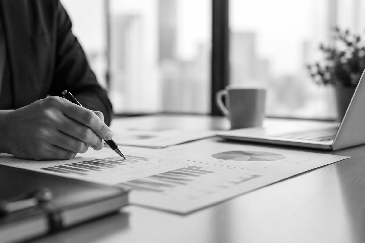Professional reviewing remuneration benchmarking reports and market salary data during an annual remuneration review.